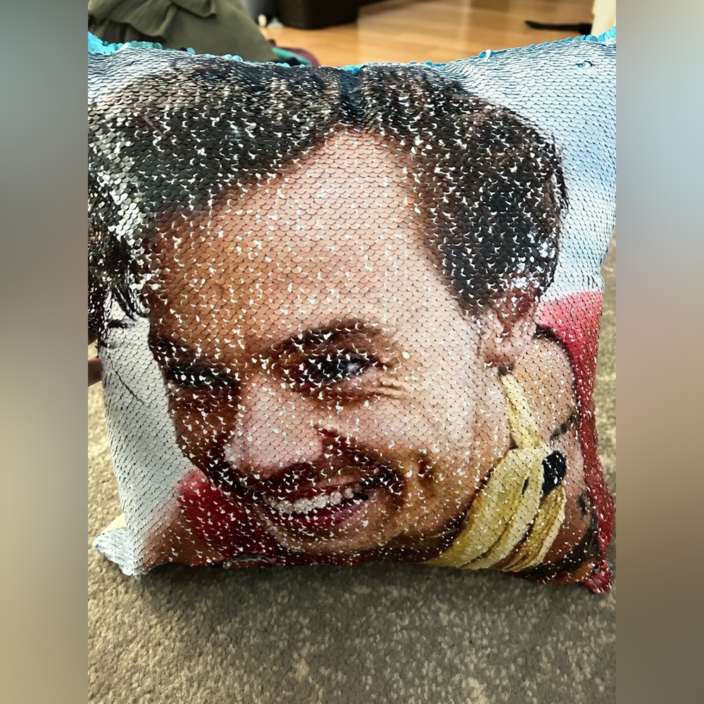 Harry Styles sequined pillow cover w/ pillow 1 side is blue 1 side is his face.